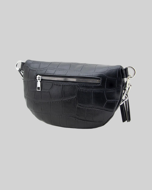 Bandolera Y Canguro De Mujer Con Textura Croco Y Cadena Metálica